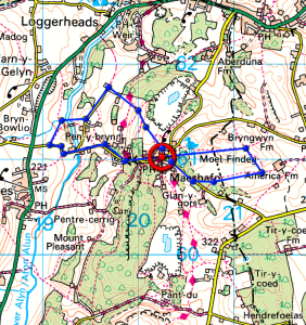 Route map on OS 1:50,000 map. Clwydian Range. 